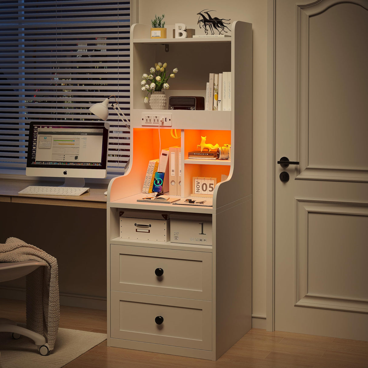 EnHomee Tall LED Nightstands Set of 2 with Charging Station and 2 Drawers in White EnHomee