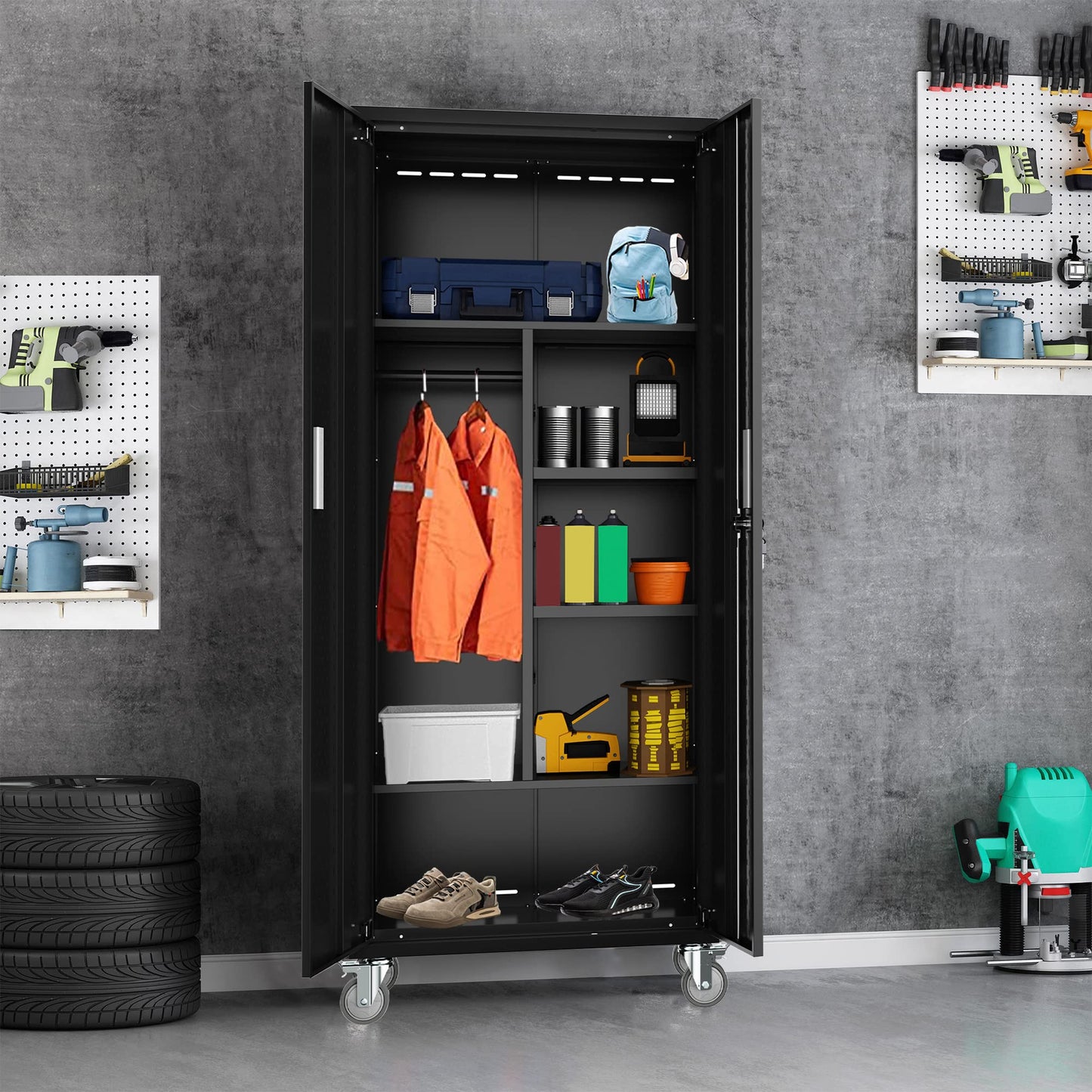 Metal Storage Cabinets Locker for Home Office, 72" Garage Storage Cabinet with Wheels, Lockable Doors and Shelves, Steel Wardrobe Cabinet with - WoodArtSupply