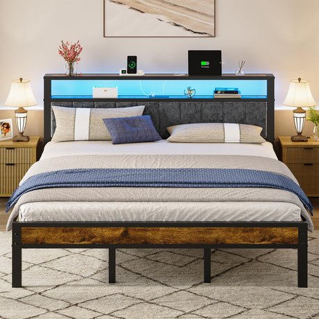 Liians King Size Platform Bed Frame with LED Lights, Grey Upholstered Headboard with 2-Tier Storage Shelves, Charging Station, Noise Free, No Box Spring Needed, Easy Assemably Liians