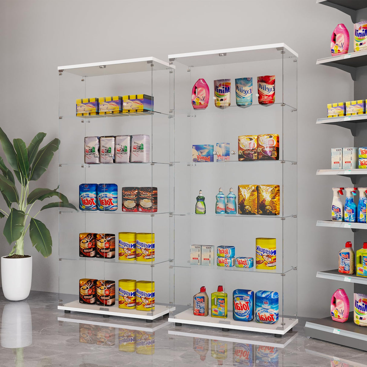 LFT HUIMEI2Y Glass Display Cabinet 5-Shelf with 2 Doors and Lock, Curio Cabinets Upgraded Quick-Install Style Tempered Glass Floor Standing Bookshelf for Living Room, Bedroom, Kitchen White LFT HUIMEI2Y