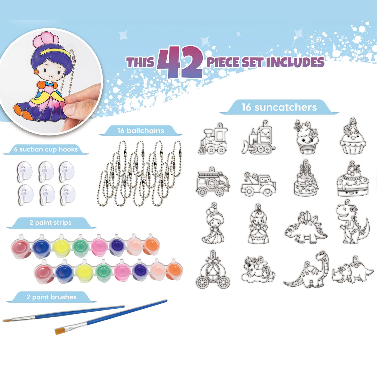 Window Art Kit for Kids - Stained Glass Kits for Kids Includes 16 Suncatchers 16 Ball Keychains 2 Suncatcher Paint Strips 2 Paint Brushes Window Art for Ages 6-8 AoneFun