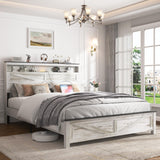 madeslves Farmhouse Wooden Bed Frame Queen Size with Storage Headboard, Boho Platform Bedframe with LED Lights and Charging Station, Metal Slats Support, No Box Spring Needed, White madeslves