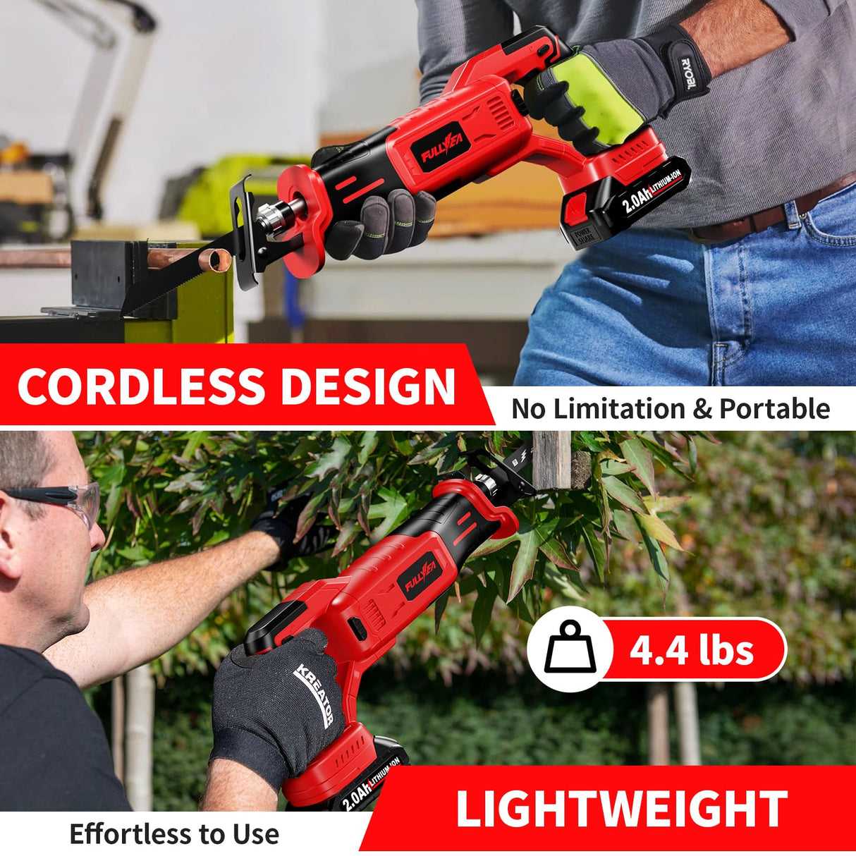 FULLYEA Reciprocating Saw Cordless, Brushless Reciprocating Saw 0-3500 SPM, Cordless Saw with 2 * 2.0Ah Battery & 4 Saw Blades, Battery Powered Reciprocating Saw for Wood/Metal/Plastic Cutting FULLYEA