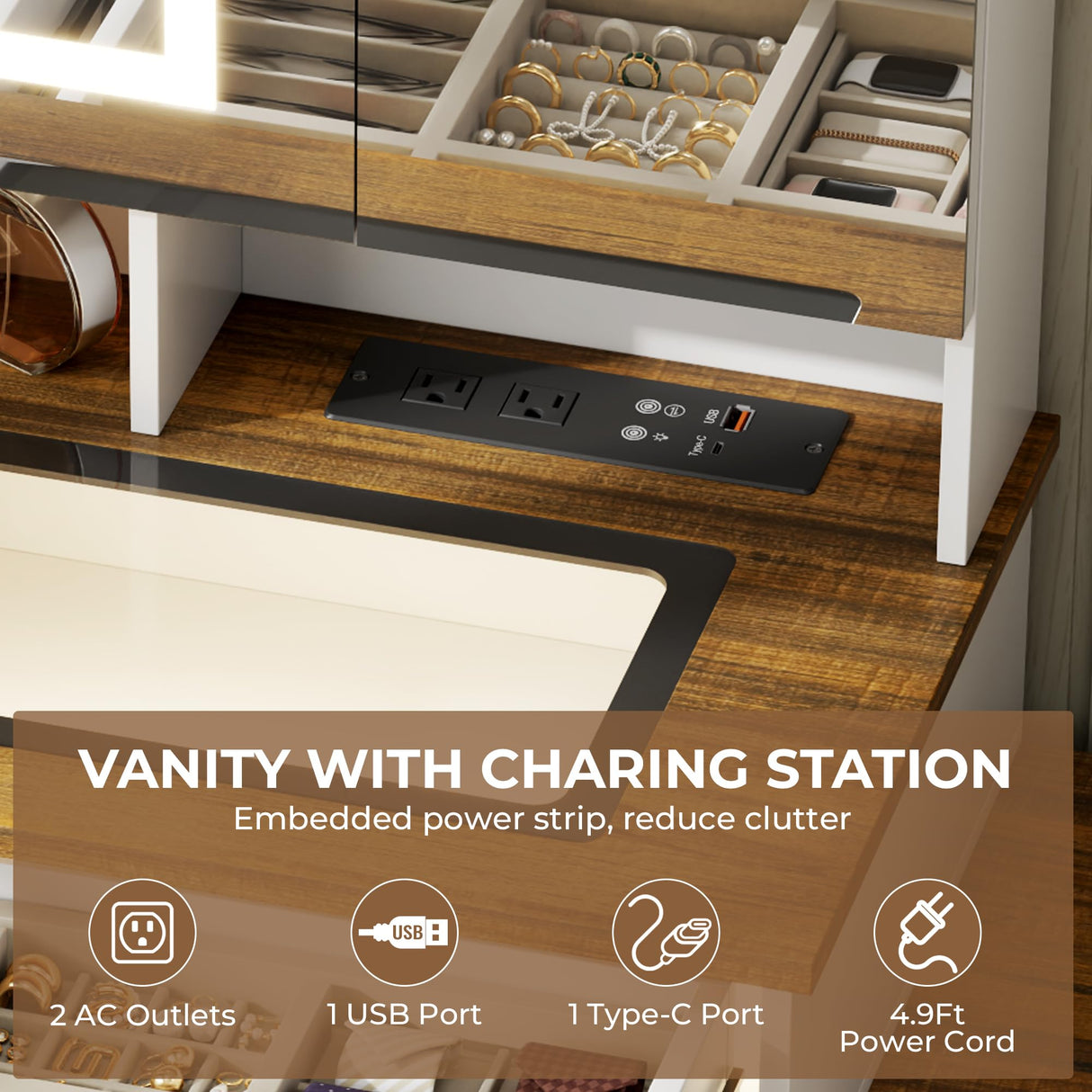 LVSOMT Vanity Desk with Mirror and Lights, Large Farmhouse Makeup Desk with 5 Drawers and Jewelry Storage, 60" Glass Top Dressing Table with Power Outlet & Adjustable Cabinet for Bedroom, White/Brown LVSOMT