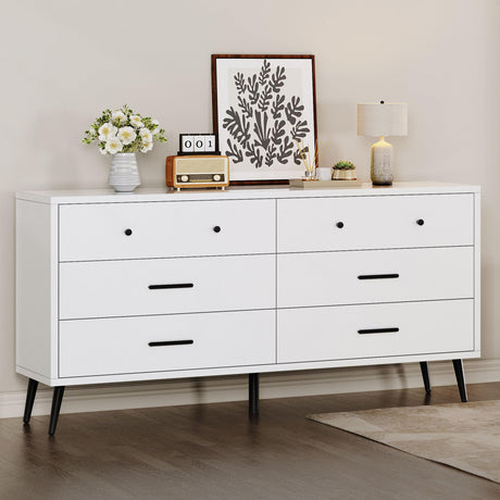 DWVO White 6 Drawers Dresser/Modern Wood Dresser Chest of Drawers with Black Metal Handle＆Anti-Tipping Device/Modern Double Storage Cabinet for Entryway/Living Room-15.7" Dx55.1 Wx31.1 H DWVO
