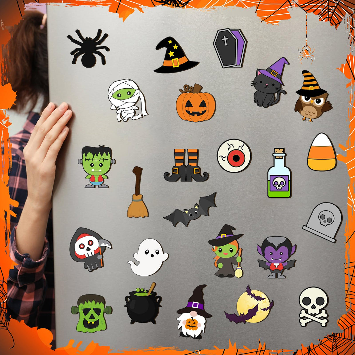 Mootycapa 24 Pcs Halloween DIY Wooden Magnets to Paint, Cute Glow in The Dark Wood Painting Crafts, Fridge Magnets Craft Kits for Boys Girls Gifts School Home Party(Pumpkin Skull) Mootycapa