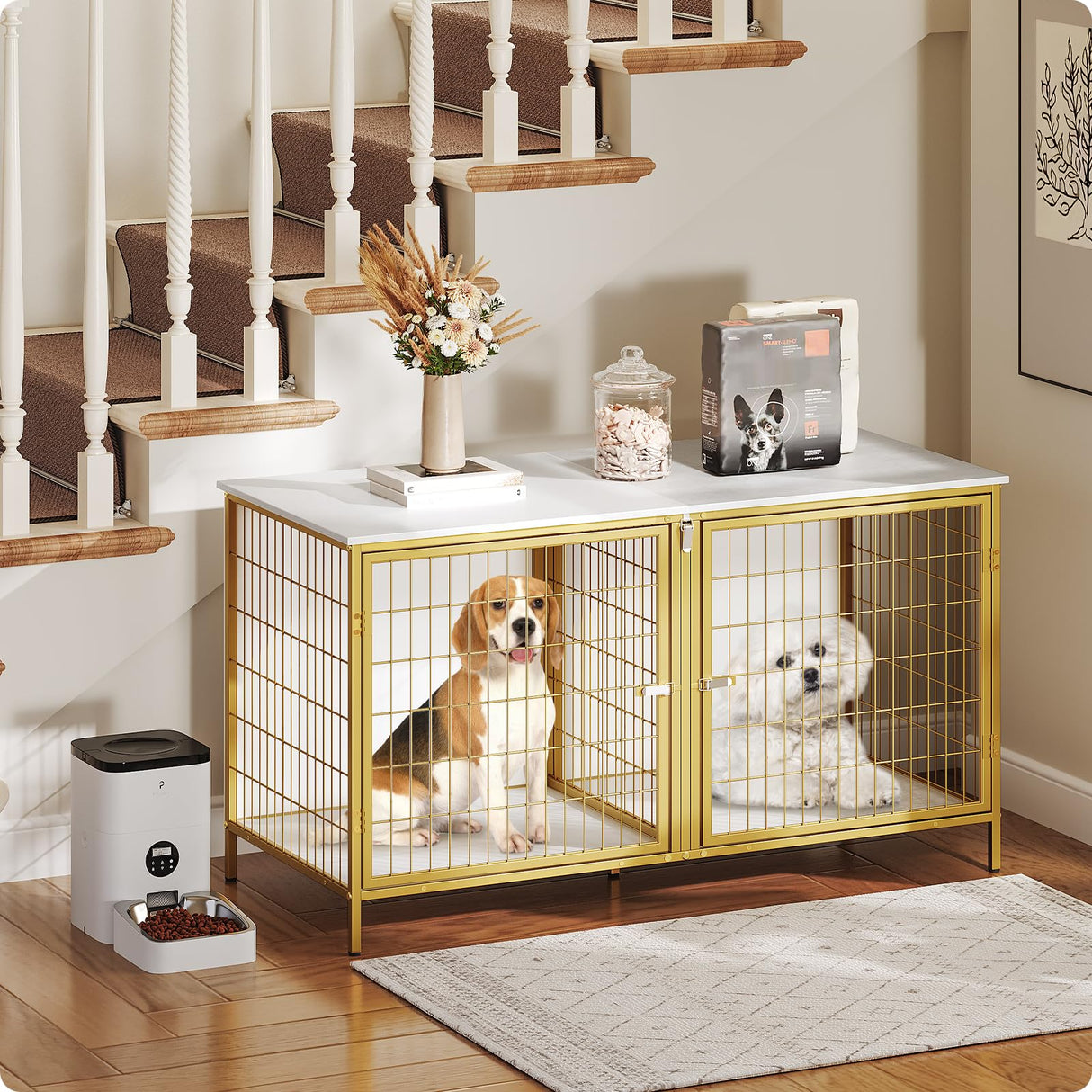 MAHANCRIS Dog Crate Furniture for 2 Dogs, 43.3" Dog Kennel with Removable Divider, Heavy Duty Wooden Dog Kennel for Small Medium Dog, Indoor Dog Cage End Table with Double Doors, White DCJW1201 MAHANCRIS