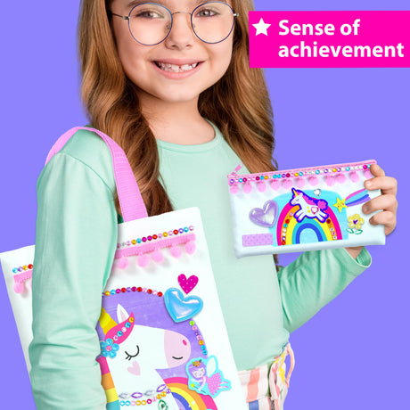 KRAFUN Decorate-a-Bag Craft Kit for Kids 5+ Years, Unicorn & Fairy Theme with Stickers & Gems, 3 DIY Customizable Bags, Step-by-Step Instructions, Creative Activity Set Girls & Boys, Educational Toy KRAFUN