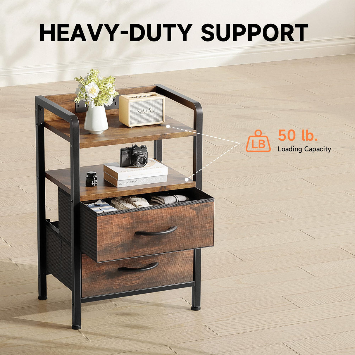 Night Stand Bedside Table Bedroom - Nightstand with Charging Station, Bed Side Table with LED Light Strip, End Table with U-S-B Ports & AC Outlets, Storage Shelf & 2 Fabric Drawers, Rustic Brown Lazzanto