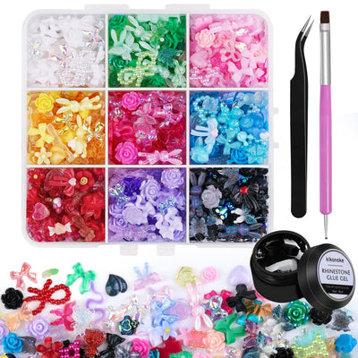 Kikonoke 3D Nail Charms Set Colorful Flower Butterfly Bow Rabbit Nail Gems for Nail Art, Craft and Decoration with Nail Rhinestone Glue, Tweezer and Brush (Rainbow)