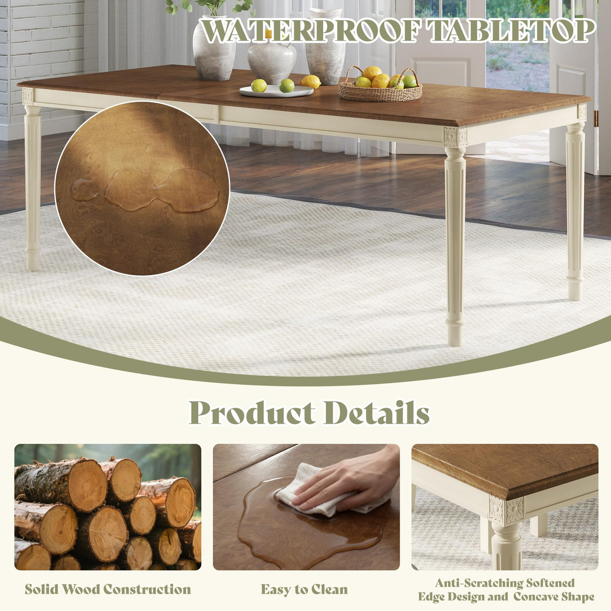 AMERLIFE 9-Piece Farmhouse Solid Wood Dining Table Set with 8 Upholstered Chairs, Roman Conical Legs, Seats up to 8, 79'' Dining Table & Chairs Set for Kitchen and Dining Room, Brown & White AMERLIFE