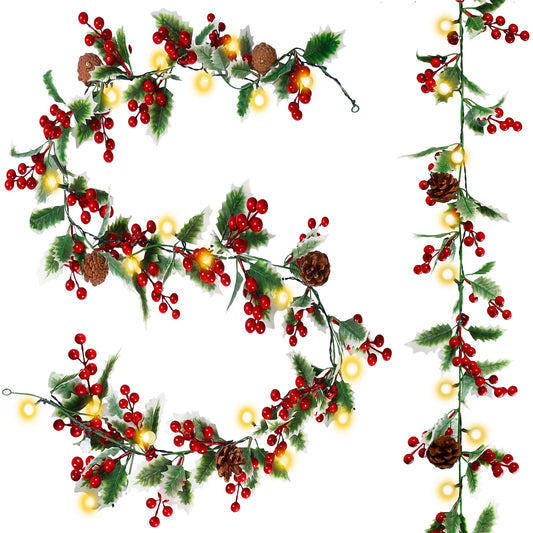 Sggvecsy Christmas Garland Red Berry Garland with Red Berries Lighted Holly Leaves Garlands Artificial Christmas Green Leaves Garland Battery Operated for Xmas Indoor Home Winter Holiday Decoration