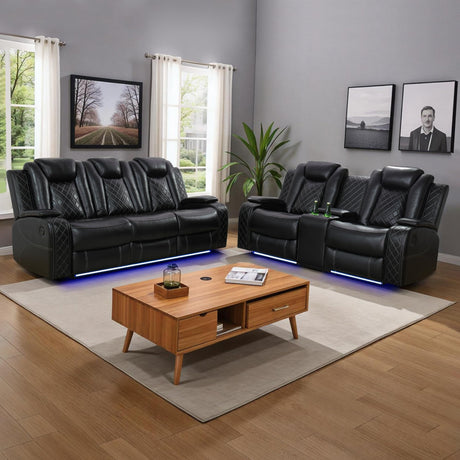 JBXBER Power Recliner Sofa Sets for Living Room, Leather Recliner Sofa Set with LED Light, Console Storage, Cup Holder for Home Theater Seating(Sofa and Loveseat,Black) JBXBER