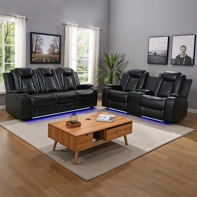 JBXBER Power Recliner Sofa Sets for Living Room, Leather Recliner Sofa Set with LED Light, Console Storage, Cup Holder for Home Theater Seating(Sofa and Loveseat,Black)