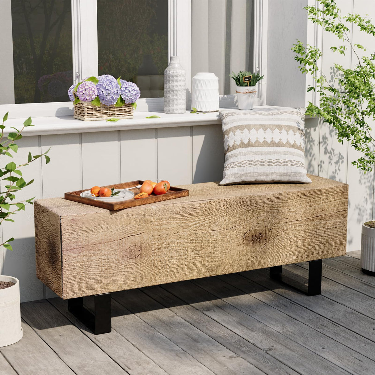 AQUILLA Modern Outdoor Bench, Faux Wooden Patio Bench, Concrete Backless Porch Bench Weatherproof, Anti-Rust Metal Legs Garden Benches for Entryway, Park, Yard (48",Light Brown) AQUILLA