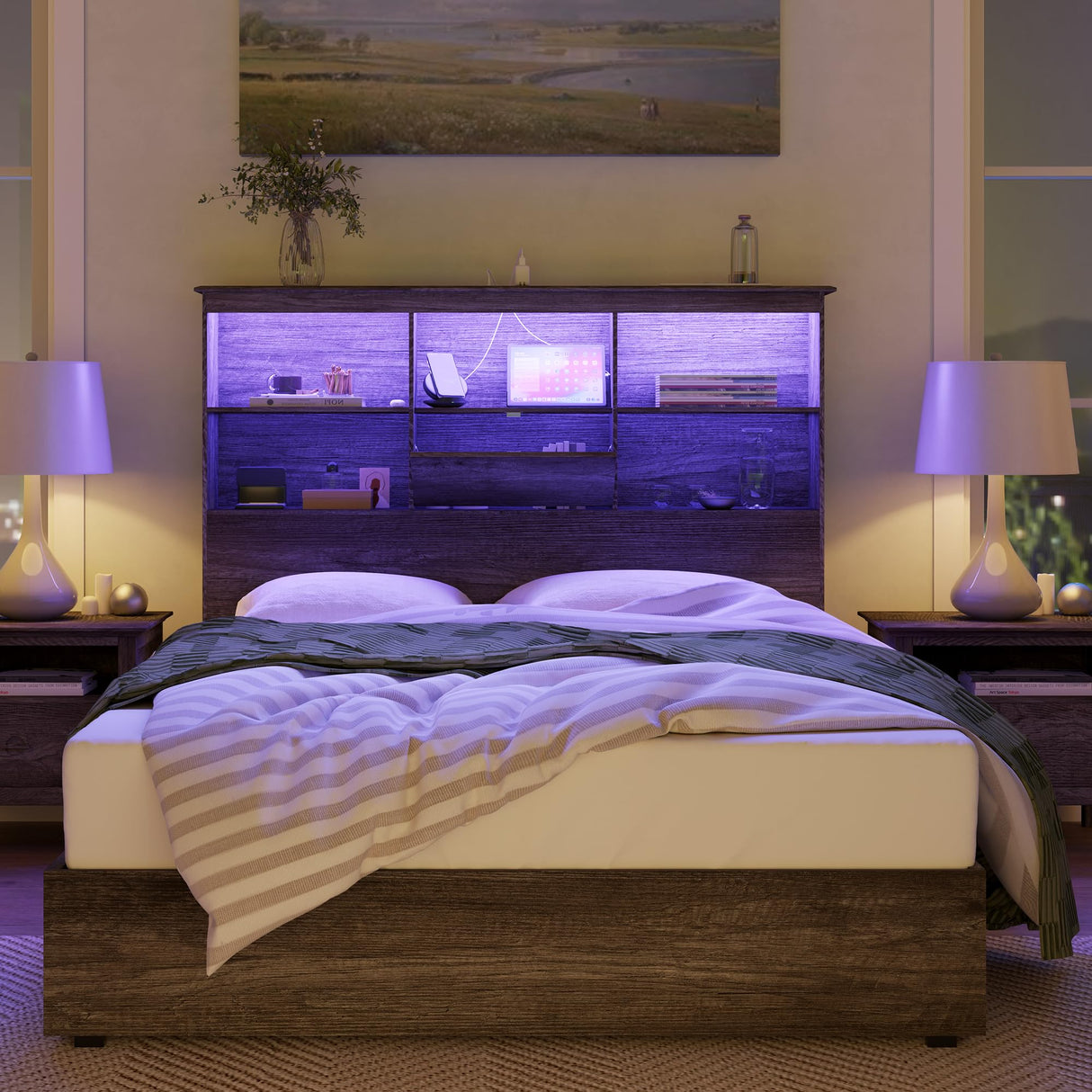 AMERLIFE King Size Wooden Platform Bed with Storage LED Bookcase Headboard and Charging Station, Rustic Grey AMERLIFE