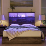 AMERLIFE King Size Wooden Platform Bed with Storage LED Bookcase Headboard and Charging Station, Rustic Grey AMERLIFE