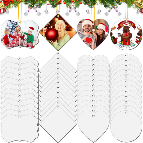 Jenaai 48 Pcs Sublimation Ornament Blanks 2.95 Inch Christmas Double Sided Sublimation Blank Pendants with Rope MDF Heat Transfer Disc Blanks for Party Xmas Tree Decorations and DIY Crafts, 4 Shapes Jenaai