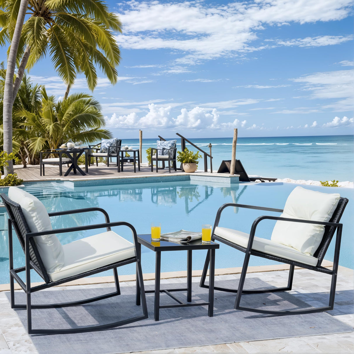 Flamaker Patio Chairs 3 Piece Wicker Rocking Chair Outdoor Bistro Sets with Coffee Table and Cushions Metal Frame Patio Furniture for Porch, Balcony, Lawn (White) Flamaker