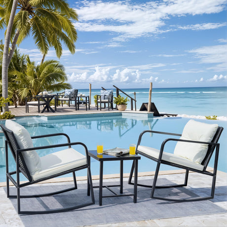 Flamaker Patio Chairs 3 Piece Wicker Rocking Chair Outdoor Bistro Sets with Coffee Table and Cushions Metal Frame Patio Furniture for Porch, Balcony, Lawn (White) Flamaker