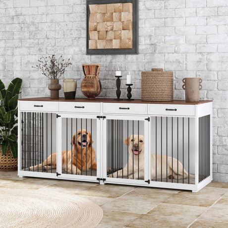 Timechee Extra Large Dog Crate with Double Rooms, 93" Heavy Duty Wooden Dog Cage Furniture Dog Crate Kennel w/Drawers & Removable Divider,Indoor Luxury Dog House for Large Dogs,White Timechee
