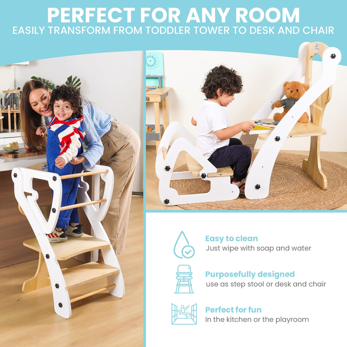 ZYSMALAT Toddler Tower | Kitchen Stool Helper | Montessori Kitchen Step Stool | Toddler Standing Tower | Learning Tower | Adjustable Height | Foldable Tower | Kids Boys Girls | 2025 Design ZYSMALAT