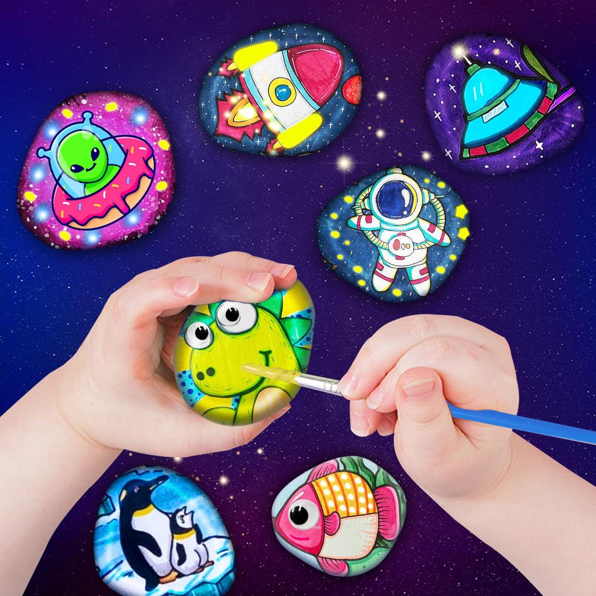 MindPal Kids Rock Painting Kit, 14 Pebbles for Painting - Glow in The Dark Rock Kit - Arts and Crafts for Kids Ages 6-12, Birthday Christmas Gift for Boys and Girls MindPal