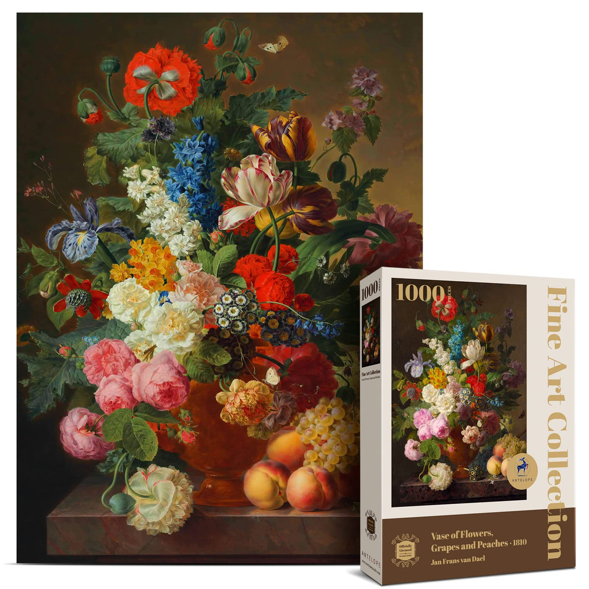 Antelope - 1000 Piece Puzzles for Adults - Vase Flower Grapes Peaches Jigsaw Puzzle 1000 Pieces, Jan Frans Van Dael Officially Licensed, High Resolution, No Dust Classic Artistic Puzzle ANTELOPE