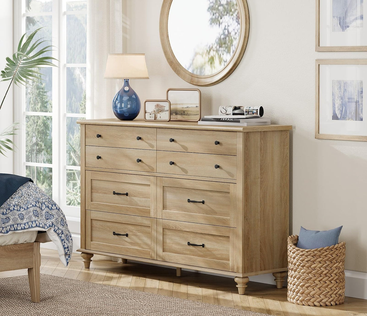 WAMPAT 8 Drawers Dresser for Bedroom, Farmhouse Dresser Chest of Drawers, Light Wood Kids Dresser for Closet, Dressers Organizer for Living Room & Hallway, 54 Inch, Oak WAMPAT