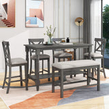 Bellemave Kitchen Dining Table Set for 6, Counter Height Dining Table with Shelf, 4 Chairs and Bench, 6 Piece Wood Rectangular Dining Room Set, Easy Assembly (Gray) Bellemave