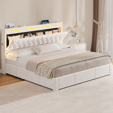 HAUOMS King Size Bed Frame with Storage Headboard and Charging Station Type-C/A, Velvet Upholstered King Platform Bed with 3 XL Drawers, No Box Spring Needed, Easy Assembly, Creamy White HAUOMS