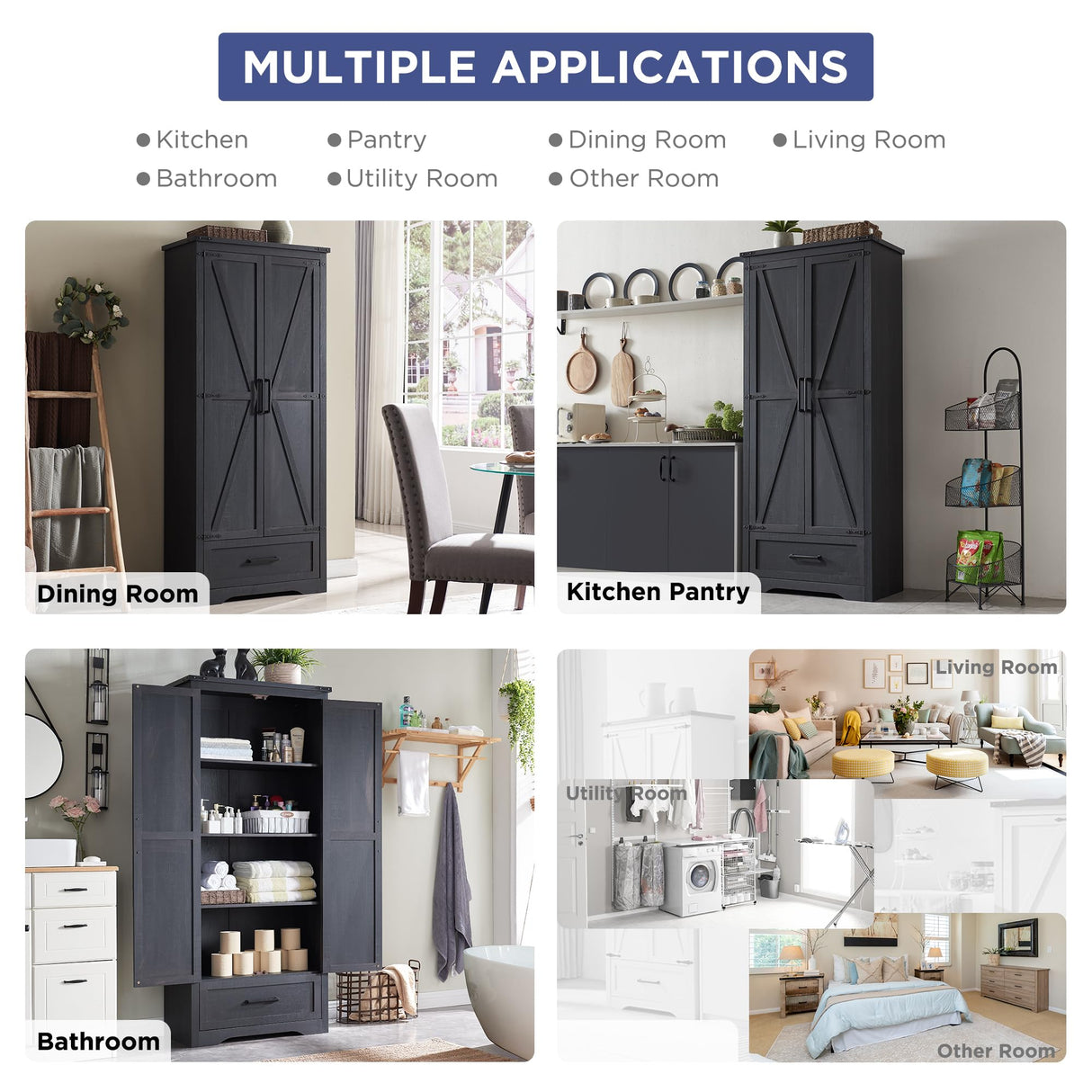 72" Tall Antique Black Farmhouse Storage Cabinet with Adjustable Shelves, Drawer & Barn Doors by JXQTLINGMU JXQTLINGMU