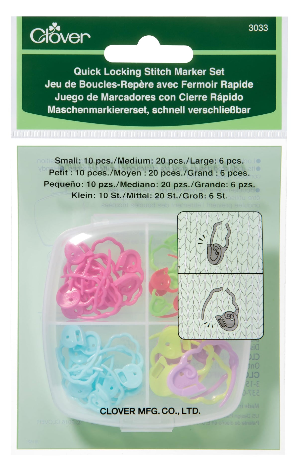 Clover 3033 Quick Locking Stitch Marker Set Multicolor, 3" Height x 3" Length x 1.2" Width Clover