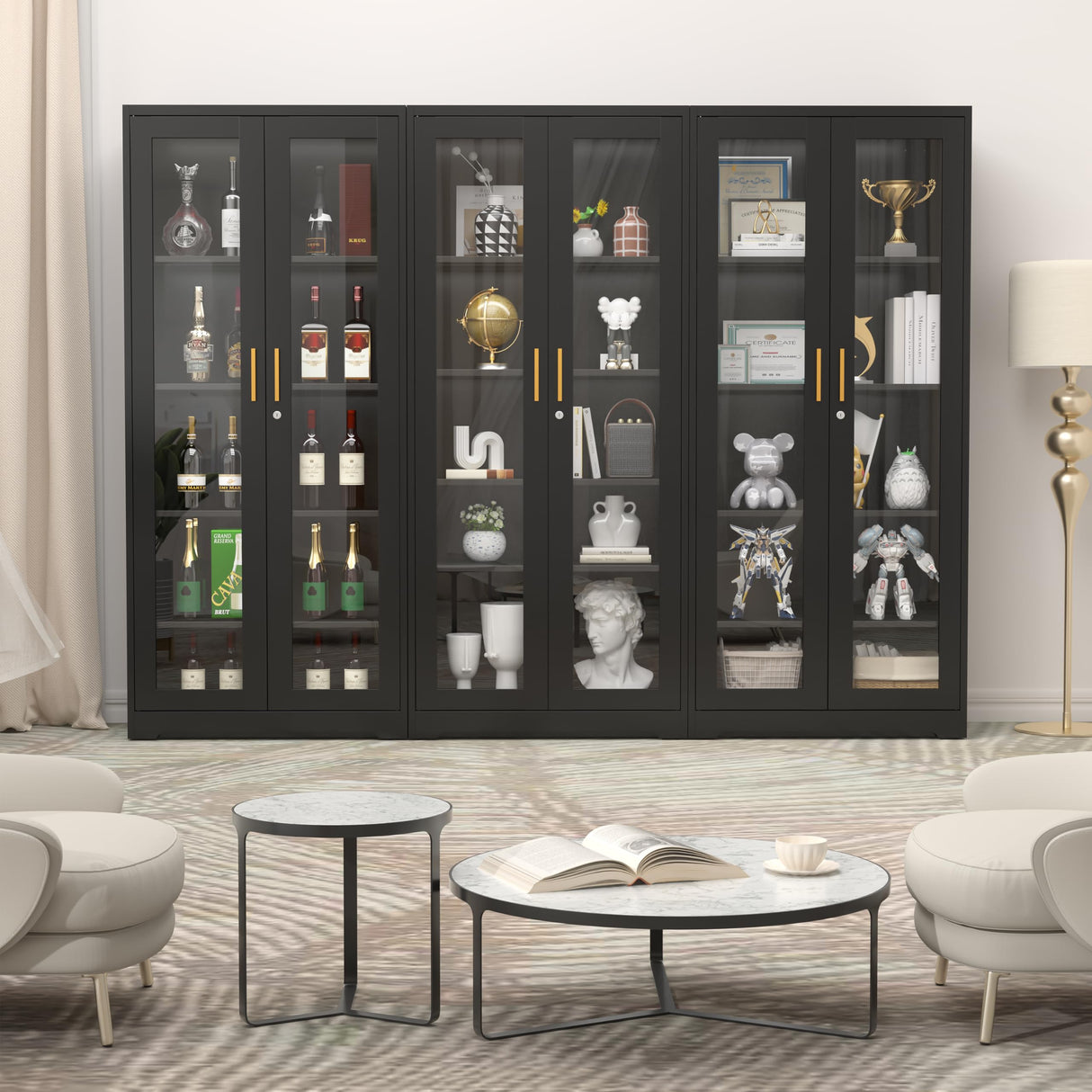 SteeLoong 71" Glass Display Cabinet with Lock,Curio Cabinet with Glass Doors, Metal Display Case with 4 Adjustable Shelves, Black Bookcase Locking Storage Cabinets for,Liquor,Commercial SteeLoong