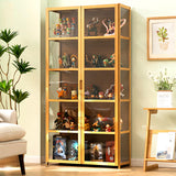 idhhco 5 Tier Curio Display Cabinet, Display Cabinet with Acrylic Glass Door, Collectibles Toy Organizers Rack & Display Shelf, Kids Bookcase for Bedroom, Reading Nook, Toddler's Room, Bamboo idhhco