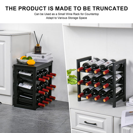 VASMIA Wine Rack Freestanding Floor, 6-Tier Display Wine Storage Shelves with Table Top, 24-Botttle Bamboo Wine Rack Shelf for Kitchen Bar Dining Room Living Room, Black VASMIA