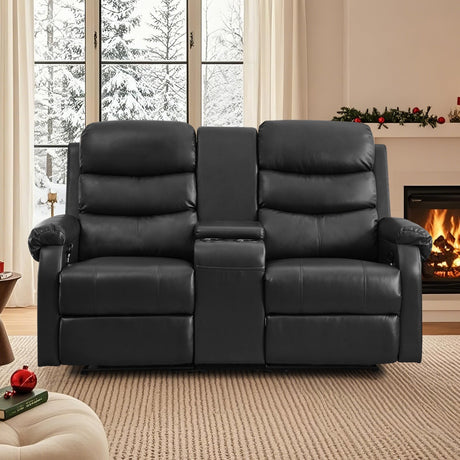 ZRNINR Loveseat Reclining Sofa, Home Theater Seating with Center Console, RV Recliner Sofa with Cup Holders and Pockets, Manual Double Seater Recliner for Living Room, Motor Home, Cinema(Black) ZRNINR