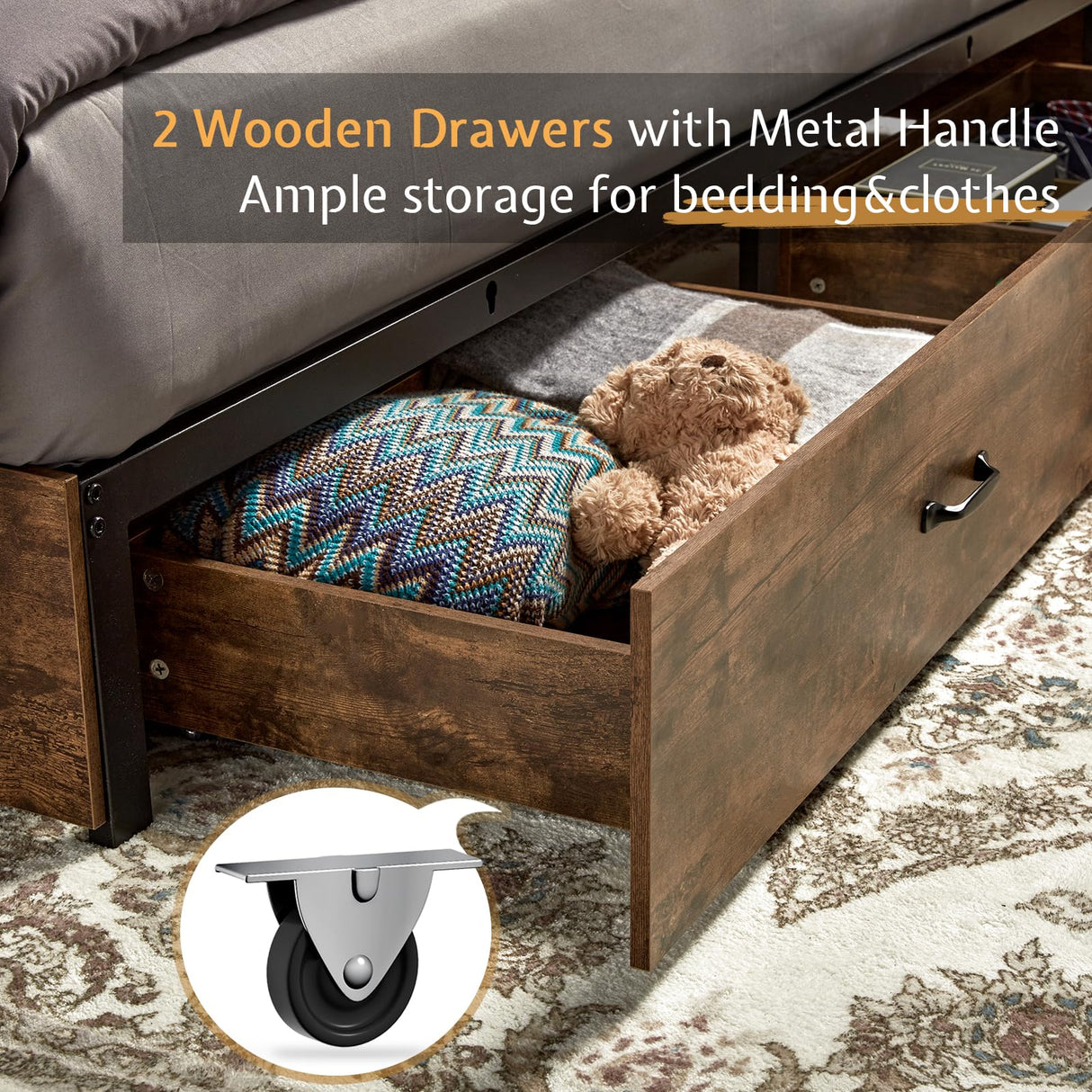 VanAcc Full Size Bed Frame, Wooden Platform Storage Bed with 51.2" Bookcase Headboard, 2 Drawers, Charging Station/No Box Spring Needed/Noise Free(Rustic Brown) VanAcc