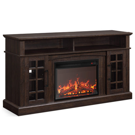 BELLEZE Traditional 58" Rustic TV Stand with 23" Electric Fireplace Heater with Sound, Media Entertainment Center Console Table for TV up to 65" with Open Storage Shelves and Cabinets - Espresso BELLEZE