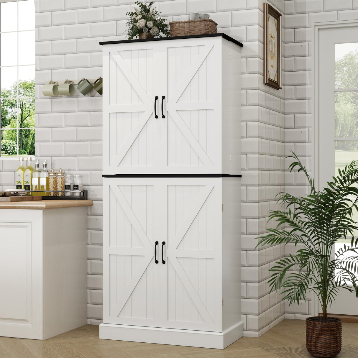 OtterOasis 72" Tall Pantry Cabinet, 31.5" W Larger Farmhouse Kitchen Pantry Cabinet with Barn Doors, Hidden Drawer and 4 Shelves, Wood Versatile Storage Cabinet for Kitchen, Dining Room, Living Room OtterOasis