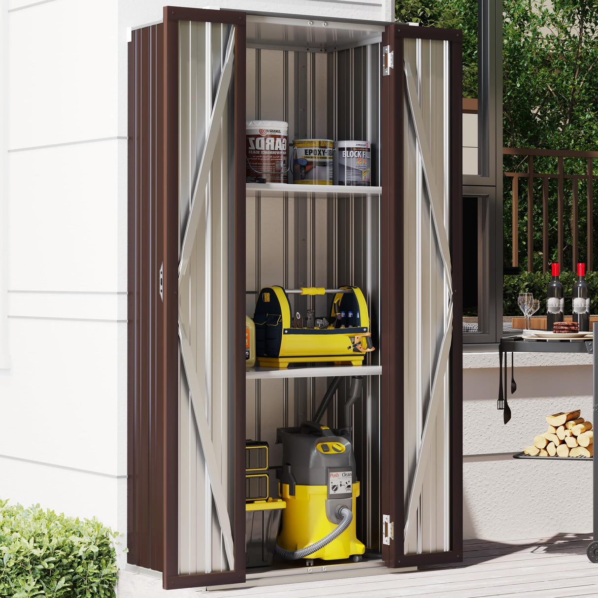 AECOJOY Outdoor Storage Cabinet Waterproof with Shelves, Vertical Tall Garden Outdoor Cabinet, Sheds & Outdoor Storage Clearance Cabinet Weatherproof for Outside in Brown AECOJOY