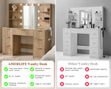 AMERLIFE 47.2" Fluted Vanity Desk with Mirror and Adjustable LED Lights, Large 7 Drawers Makeup Table with Glass Top and Charging Station for Women and Girls, Bedroom or Dorm, Natural Oak AMERLIFE