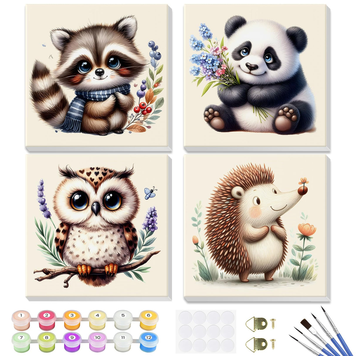 4 Pack Paint by Numbers Kits for Kids with Wooden Frame-Cartoon Animal Painting by Numbers for Kids Adults Beginners, Easy Paint by Numbers Kit Crafts for Kid Paint by Number for Wall Decor(8X8inch) Genius maker
