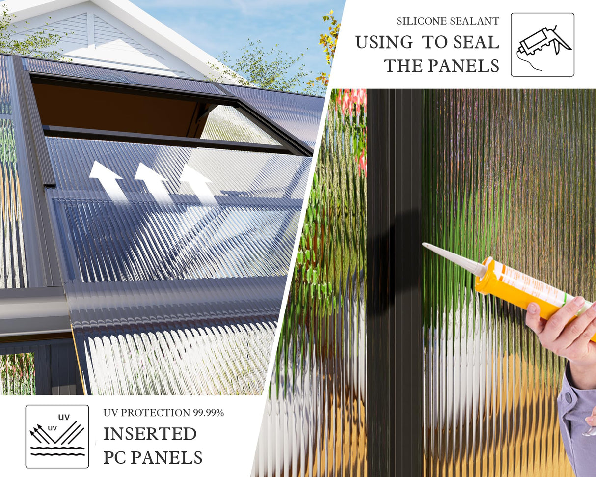 HOWE 14x9.5x9 FT Polycarbonate Greenhouse with 2 Vents and Double Swing Doors 6FT Added Wall Height, Walk-in Large Winter Greenhouse Sunroom Aluminum Greenhouse for Outdoors, Black HOWE