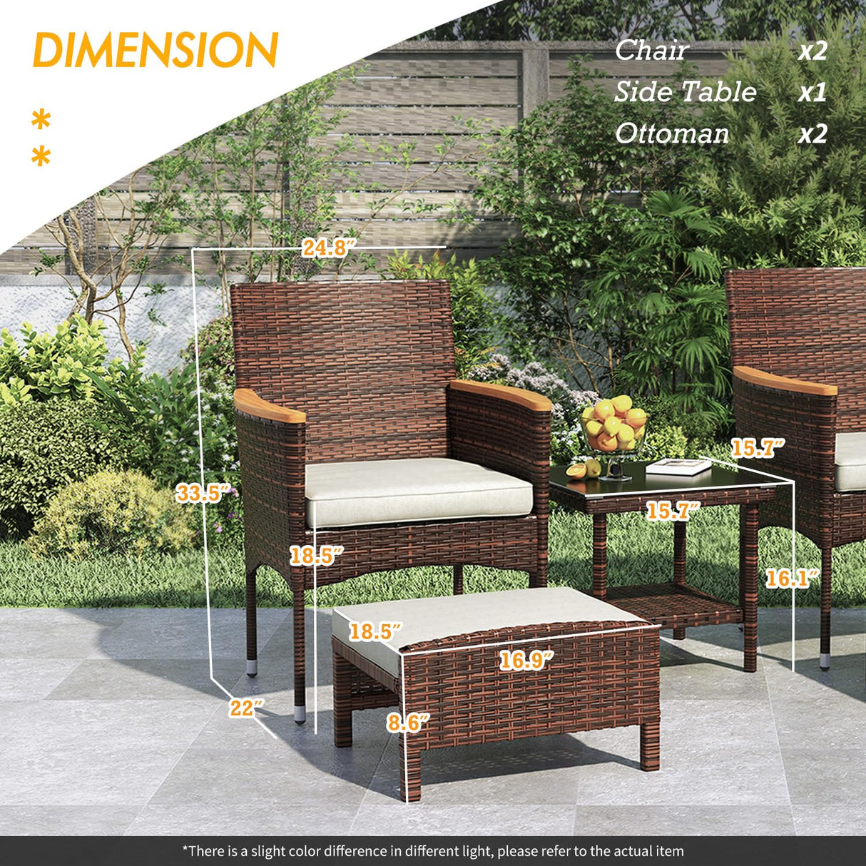 5 Piece Outdoor Patio Furniture Set with Table&Ottoman Outdoor Furniture Patio Set Bistro Wicker Patio Set of 2 Outside Lawn Chairs Conversation Sets for Porch Balcony Deck(Brown Wicker&Khaki Cushion) ARTBUSKE