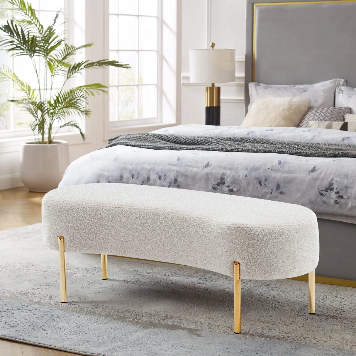 ALISH Upholstered Bench Modern Ottoman Bench Bed Bench Entryway Bench with Gold Legs for Living Room, Bedroom White ALISH