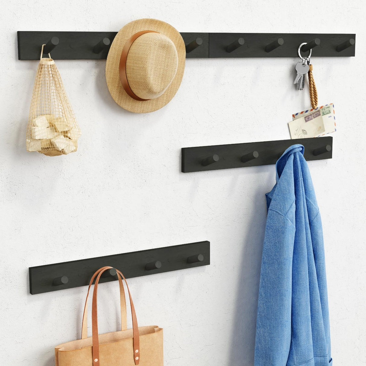 Forbena Black Coat Rack Wall Mount 4-Pack, Rustic Farmhouse Coat Hooks for Wall, Vertical Hanging Hat Rack for Office, Bedroom, Closet, Small Spaces, Kids Room Clothes, Entryway Shoes - 16 Pegs Forbena