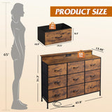 WLIVE Dresser TV Stand for 50, 55 inch, Led Chest of Drawers for Bedroom, Rustic Brown Dresser for Bedroom with LED Lights and Charging Station, 9 Fabric Drawers, Wood Top, Living Room, Closet WLIVE
