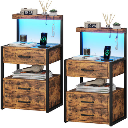 AOGLLATI Nightstand Set of 2 with Charging Station and LED Lights, Bedside Table with 3 Drawers and Open Storage Shelves, 2 USB Ports and 2 AC Outlets, LED Night Stand for Bedroom, Rustic Bro - WoodArtSupply