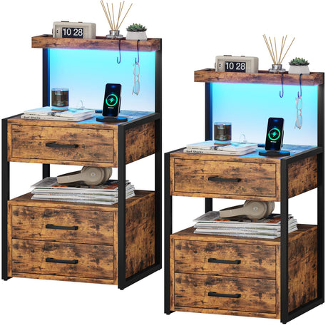 AOGLLATI Nightstand Set of 2 with Charging Station and LED Lights, Bedside Table with 3 Drawers and Open Storage Shelves, 2 USB Ports and 2 AC Outlets, LED Night Stand for Bedroom, Rustic Brown AOGLLATI